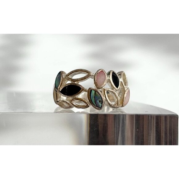 Multi Gemstone Abalone, MOP & Black Onyx 925 Sterling Vintage Ring - sz 6 - Picture 2 of 12